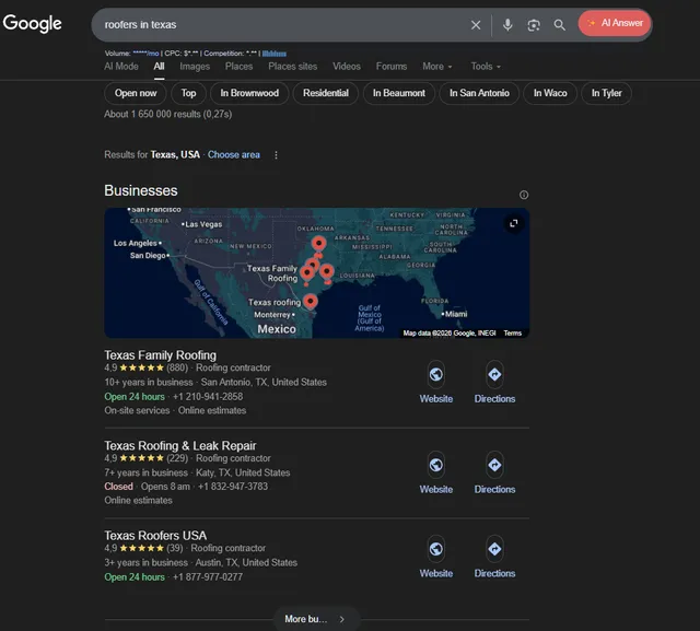 Google Map Pack Ranking showing our #1 SEO spots for service businesses